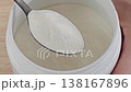 Macro Close Up Of Collagen Powder In Spoon Showing Fine Texture And Structure. Dietary Supplement Detail, Nutrition And Beauty Product Concept. 138167896