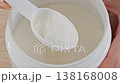 Extreme Close-up Measuring Collagen Powder With Plastic Scoop From Container, Precise Dosage Of Dietary Supplement. Nutrition And Skincare Routine Concept. 138168008