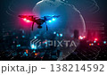 A futuristic technology concept symbolizing drone surveillance and digital security. 138214592