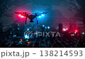 A futuristic technology concept symbolizing drone surveillance and digital security. 138214593