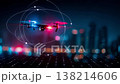 A drone technology concept symbolizing urban surveillance and enhanced security. 138214606