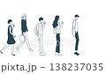 Full-body line drawing animation of a line of pedestrians walking in a crowd. 138237035