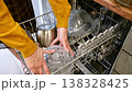 Woman loading dirty dishes into dishwasher, kitchen setting with utensils 138328425