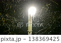 A brightly lit street lamp at night. Icy tree branches and shimmering snowflakes are visible around. A snowstorm, blizzard, and winter chill. A cold atmosphere. 138369425
