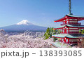 [Yamanashi Prefecture, Fujiyoshida City] Springtime at Arakurayama Sengen Park: A spectacular view of Mt. Fuji, the Chureito Pagoda, and cherry blossoms against a blue sky. (zoom out) 138393085