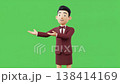 A cheerful 3D animated businesswoman in a suit gestures a welcoming hand sign against a green screen. 138414169