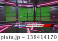 A modern, high-tech interior with glowing pink neon accents and multiple green screen panels. 138414170