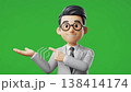 A cheerful 3D cartoon man in a suit and tie, wearing glasses, against a green screen. 138414174