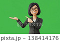 Animated 3D Asian businesswoman in a suit welcoming guests on a green screen. 138414176