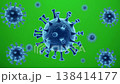 Microscopic view of blue coronavirus particles with spikes, isolated on a vibrant green background. Scientific illustration. 138414177