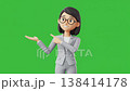 A professional 3D cartoon woman in a business suit and glasses stands against a green screen. 138414178