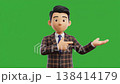 A 3D animated businessman in a plaid suit offers a welcoming gesture against a green screen. 138414179