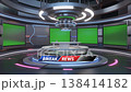 A modern, futuristic television studio set with multiple green screens and a central desk. 138414182