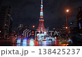 Night street close up in Minato Shiba shows Tokyo Tower lit above an ENEOS station as taxis and cars pass on wet pavement with blurred lights and steady framing. 138425237