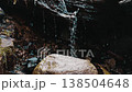 Water cascades down a log in a forest, creating a small waterfall. The water splashes over rocks and creates a peaceful atmosphere 138504648