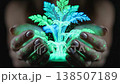 Glowing holographic plant in black hands, urban gardener holds neon bioluminescent seedling above palm, glitter dust on fingertips, dark 138507189