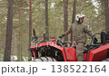 Atv snowy forest rider inspects red quad wearing camouflage suit and white helmet, snowcovered ground and pine trees, closeup of treaded tires, checking throttle and gear, preparing to mount, quiet 138522164