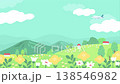 花畑の草原と山並みの上を飛行機がゆっくり飛ぶ、雲がふわふわ漂う可愛い風景アニメーション動画 138546982