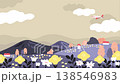 花畑の広がる草原と山の風景の上を飛行機が静かに飛ぶ、雲がやさしく漂う可愛いイラストアニメーション動画 138546983