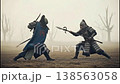 Two warriors engage in a fierce battle using Guan Dao weapons in a foggy field. The setting includes sparse trees and an early morning atmosphere. 138563058