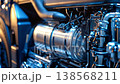 Detailed close up view of a modern heavy duty diesel truck engine, showcasing its intricate mechanical components, then smoothly panning to reveal the large wheel and tire of the commercial vehicle 138568211