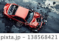 Aerial view of a totaled red car after a devastating accident on the road, with debris scattered across the wet asphalt showcasing the destructive aftermath of a major collision 138568421