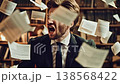 Frustrated young professional in a formal suit shouting in despair as papers and documents fly around him in a classic library, representing burnout, overload, and mental breakdown 138568422