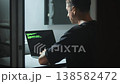 Hacker using laptop at night, typing code with dark atmosphere and glowing screen. Cybersecurity concept shows hacking, data breach, cyber attack, network security and digital threat in modern world 138582472