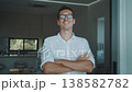 Confident businessman in glasses stands with crossed arms and smiles at camera in modern home interior. Confident entrepreneur showing leadership, confidence, success mindset of business professional 138582782