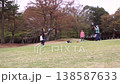 A scene of children and their families enjoying badminton and ball games on the lawn of a park surrounded by abundant nature. 138587633