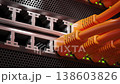 A row of lan Ethernet cable plugging in server or router, 3d animation 138603826