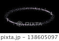 Pale, colorful particles forming an ellipse, against a black background. 138605097