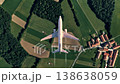 Aircraft Flies Above Fields. Commercial Airplane Gliding Over Sunkissed Rural Landscapes And Farm Plots 138638059