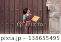 Happy university student dancing in the street. door, Background, 138655495