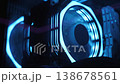 Gaming PC glowing in the dark - the system unit of a modern gaming computer, the working of the computer cooling fan and the blue light of the fans spinning inside the computer. A modern gaming club. 138678561