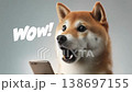 A surprised Shiba Inu stares at a smartphone and is photographed in the studio with the text "WoW!" 138697155