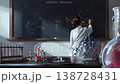A scientist in a lab coat demonstrates the concept of imbalance on a blackboard. 138728431