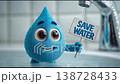 A joyful cartoon water droplet holds signs that say save water. Its bright blue color and big eyes bring life to the important message. Join in the cheerful fun of protecting our precious resource. 138728433
