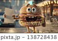 In a bustling city square, a massive, hyper realistic burger comes to life. With a joyful expression, it shares delightful messages on paper, captivating all who pass by in the vibrant atmosphere. 138728438