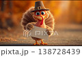 A joyful turkey sports a stylish hat and promotes cherished autumn joys. With smiles and gestures, this adorable character evokes festive spirit during the colorful fall season. 138728439