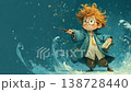 A cheerful boy in a blue coat waves a wand as sparkling waves dance around him. He explores a vibrant world filled with wonders, inviting everyone to join in the fun of learning and discovery. 138728440