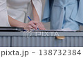 signature hand, workplace writing, contract agreement. Close-up of woman's hand using pen to sign business documents at office desk, representing partnership and agreement. 138732384