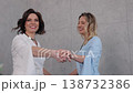 smiling women, career women, workplace meeting. Professional women in stylish outfits standing in office, smiling warmly while engaged in positive and friendly business conversation. 138732386