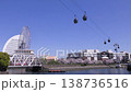 青空の下、満開の桜咲く神奈川県横浜市、みなとみらい地区のロープウェイと、桜を見に来た観光客と観光船の 138736516
