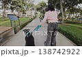 Rear View of Girl on Rollerblades with Dog Meeting Friend in Park 138742922