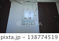 Closed electrical cabinet sits between apartment doors 138774519