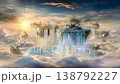 A fantasy city above the clouds, floating islands and beautiful waterfalls, a fantastical world, background material. 138792227