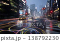 A futuristic city on a rainy night, glittering with neon lights, a cyberpunk-style cityscape. 138792230