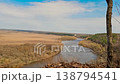 A wide shot shows the Don River as it winds through farmland and green fields. The rural area is seen from a high point with a clear blue sky above. 138794541