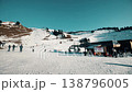 Unrecognizable skiers at Chamrousse ski resort with a digital screen displaying a weather or safety warning, winter sports scene in the French Alps 138796005